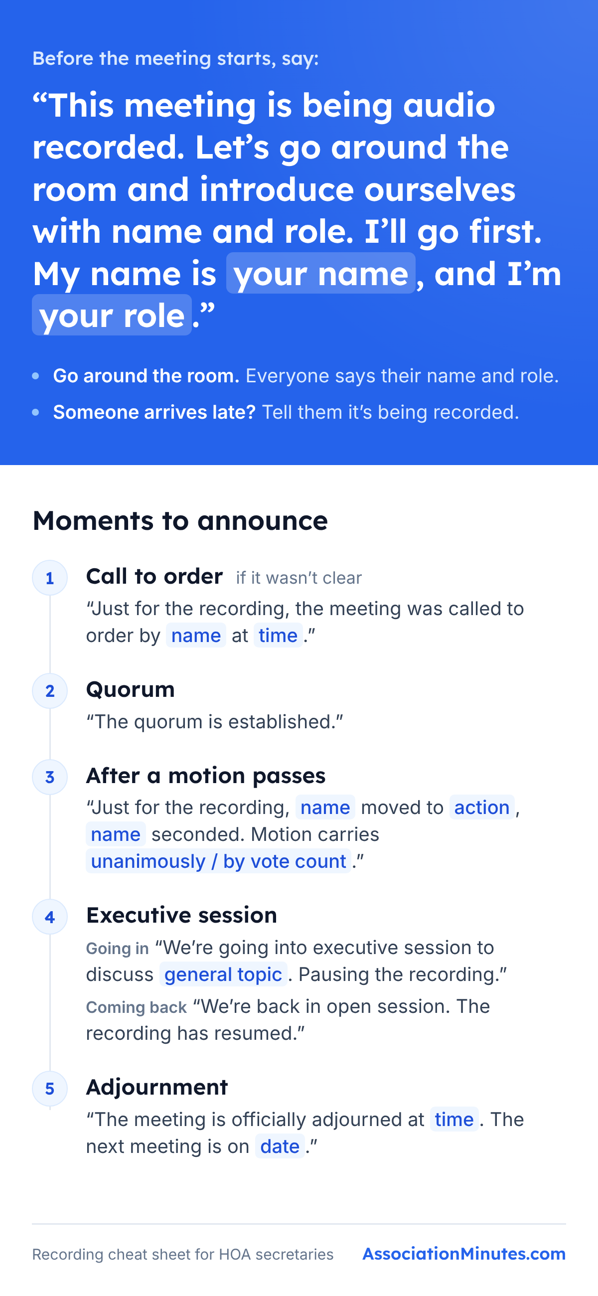 HOA meeting recording cheat sheet with the opening script and the moments to announce